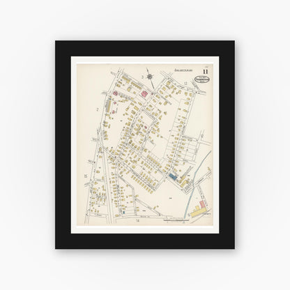 Old map wall art mockup — black gallery frame with white mat — Sanborn Fire Insurance Map from Framingham, Middlesex County, Massachusetts (1922), Sheet #0011
