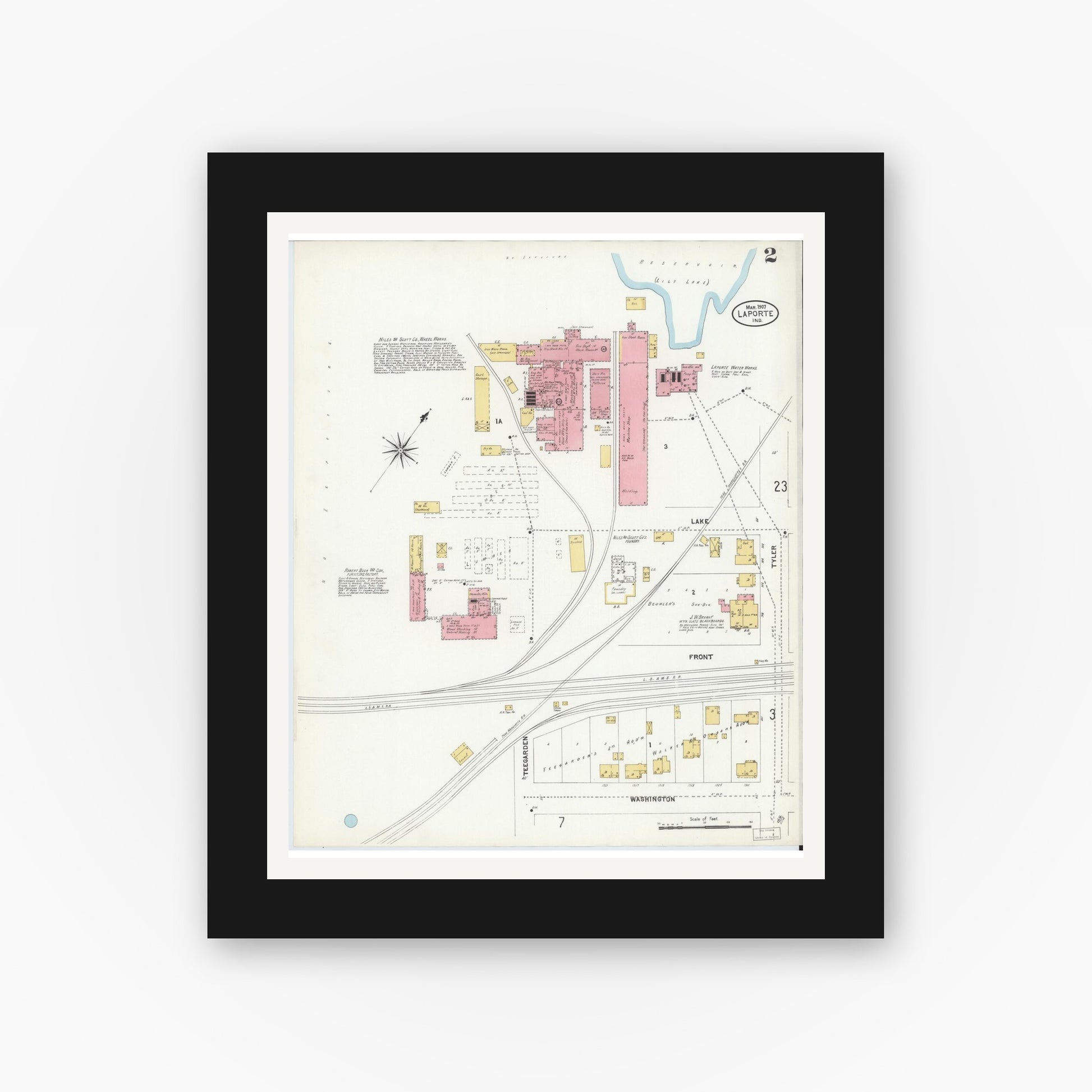Old map wall art mockup — black gallery frame with white mat — Sanborn Fire Insurance Map from La Porte, La Porte County, Indiana (1907), Sheet #0002