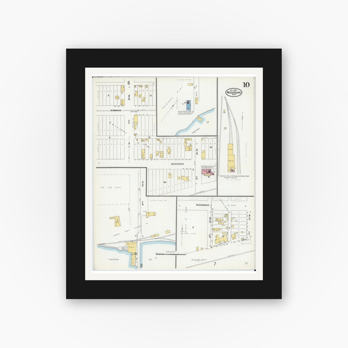 Old map wall art mockup — black gallery frame with white mat — Sanborn Fire Insurance Map from Washburn, Bayfield County, Wisconsin (1904), Sheet #0010