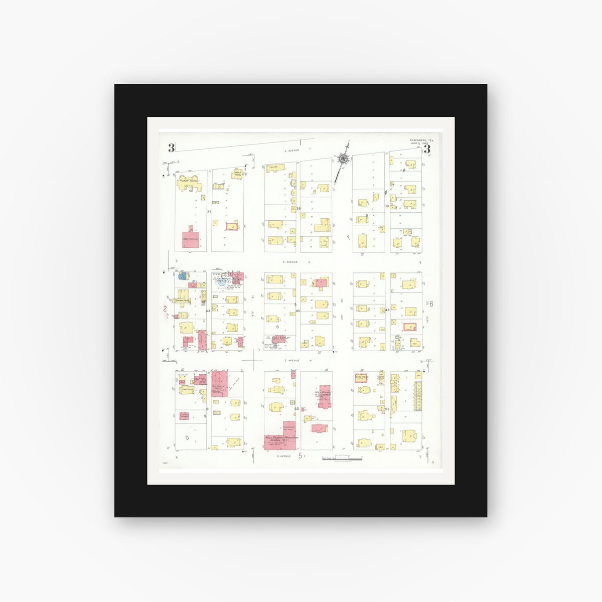 Old map wall art mockup — black gallery frame with white mat — Sanborn Fire Insurance Map from Rosenberg, Fort Bend County, Texas (1942), Sheet #0003