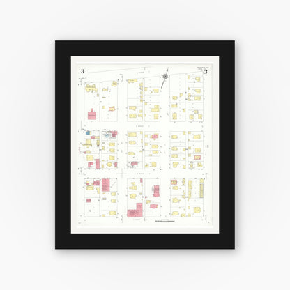 Old map wall art mockup — black gallery frame with white mat — Sanborn Fire Insurance Map from Rosenberg, Fort Bend County, Texas (1942), Sheet #0003