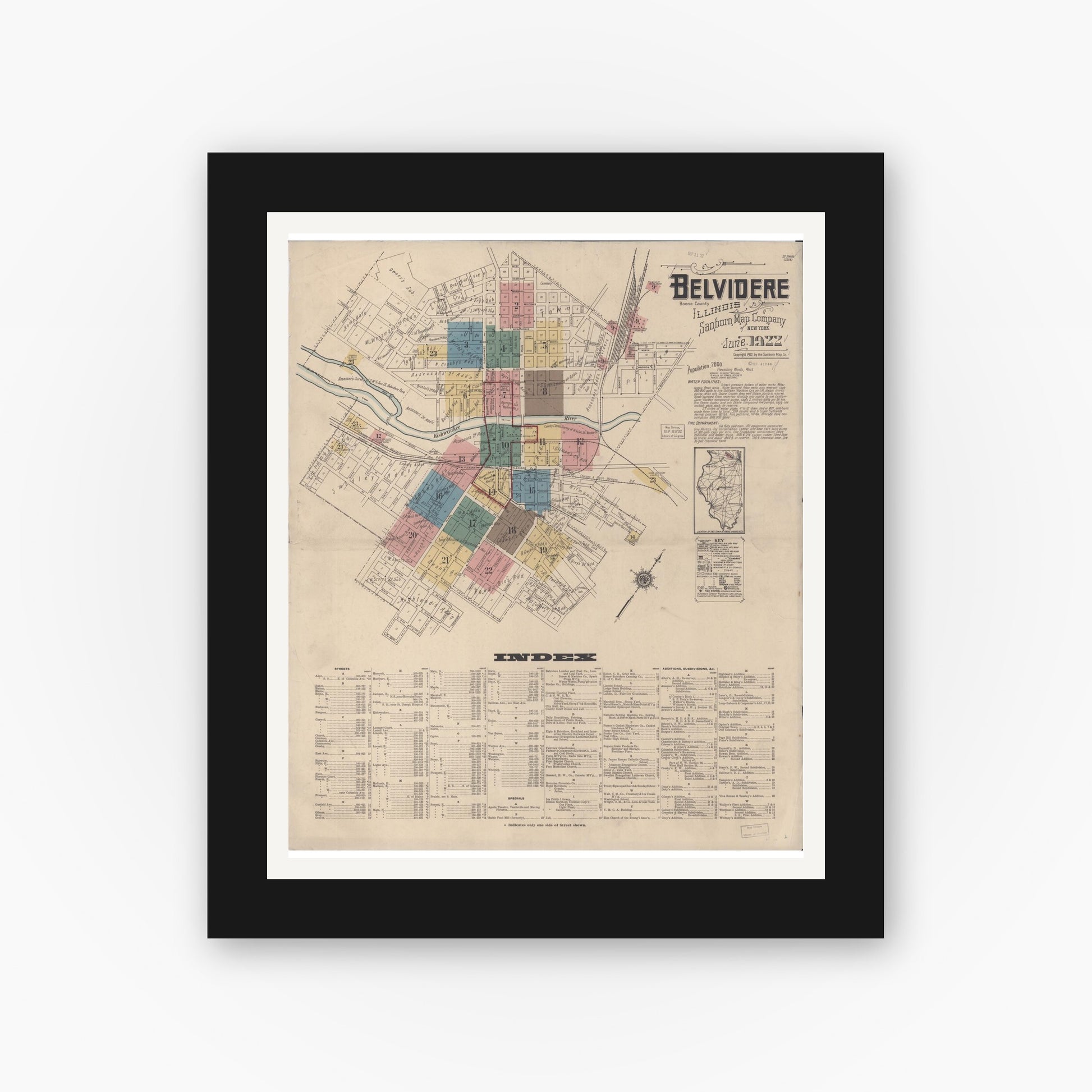 Old map wall art mockup — black gallery frame with white mat — Sanborn Fire Insurance Map from Belvidere, Boone County, Illinois (1922) - Complete Map Set