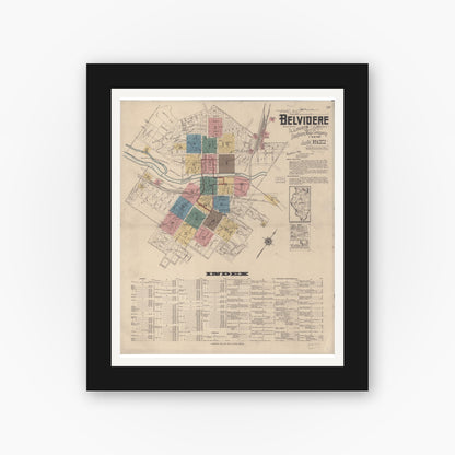 Old map wall art mockup — black gallery frame with white mat — Sanborn Fire Insurance Map from Belvidere, Boone County, Illinois (1922) - Complete Map Set