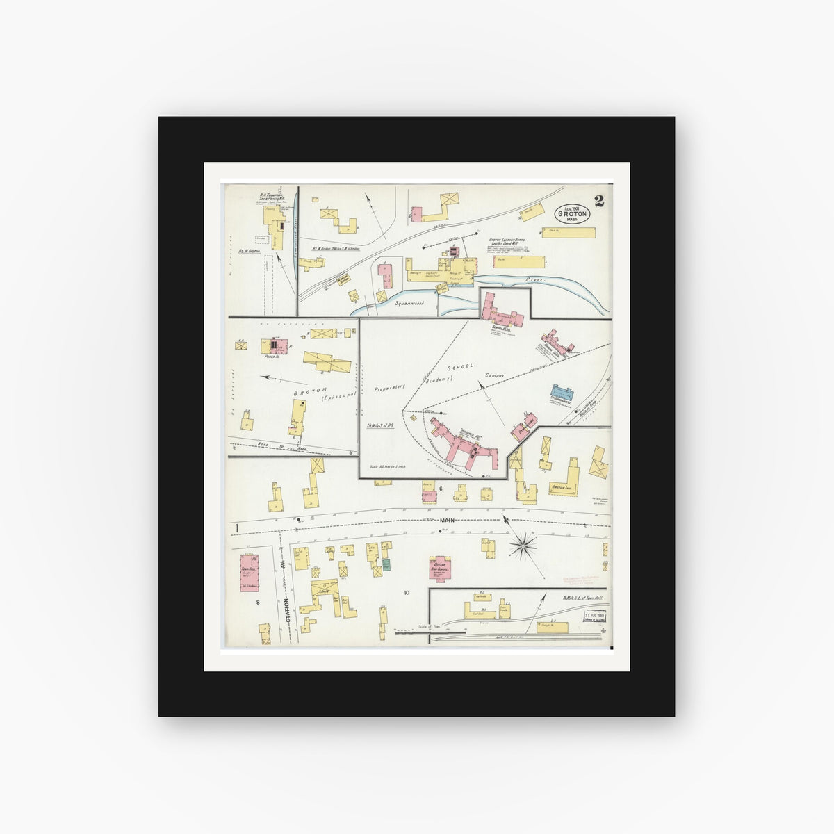 Old map wall art mockup — black gallery frame with white mat — Sanborn Fire Insurance Map from Groton, Middlesex County, Massachusetts (1901), Sheet #0002