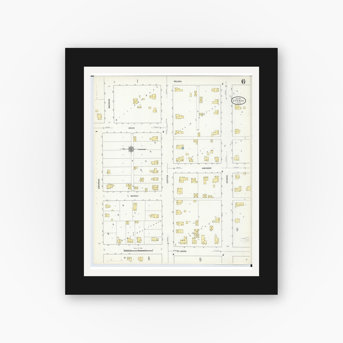 Old map wall art mockup — black gallery frame with white mat — Sanborn Fire Insurance Map from Ithaca, Gratiot County, Michigan (1911), Sheet #0006