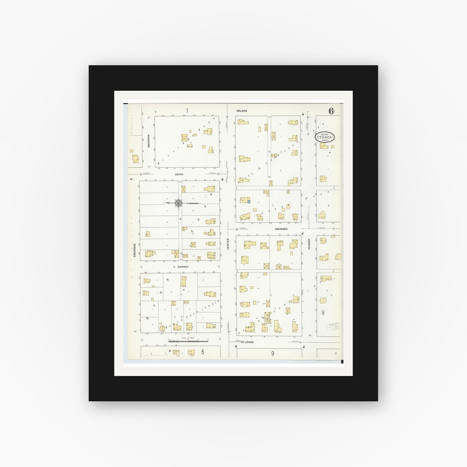 Old map wall art mockup — black gallery frame with white mat — Sanborn Fire Insurance Map from Ithaca, Gratiot County, Michigan (1911), Sheet #0006