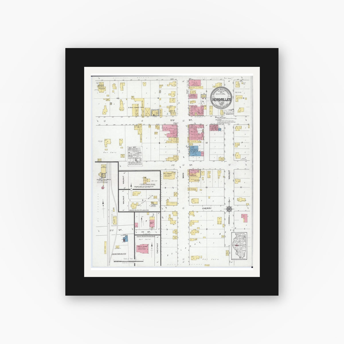 Old map wall art mockup — black gallery frame with white mat — Sanborn Fire Insurance Map from Versailles, Brown County, Illinois (1919), Sheet #0001