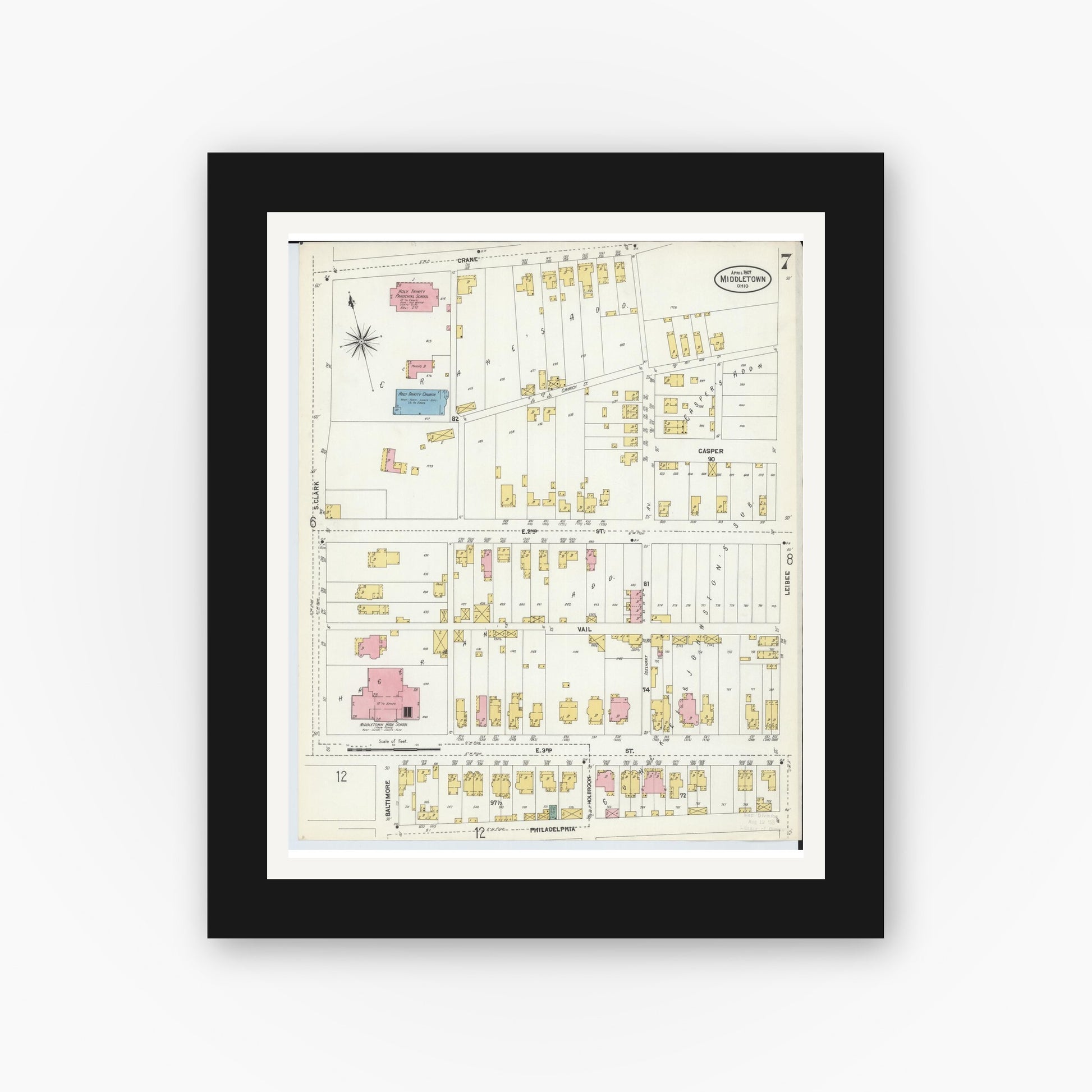 Old map wall art mockup — black gallery frame with white mat — Sanborn Fire Insurance Map from Middletown, Butler County, Ohio (1907), Sheet #0007