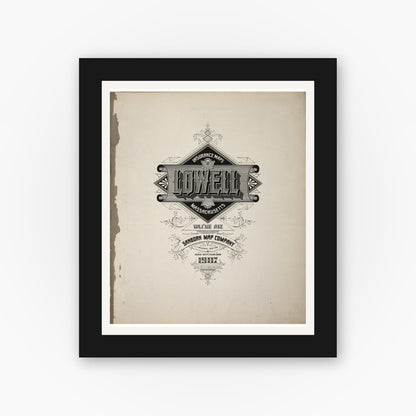Old map wall art mockup — black gallery frame with white mat — Sanborn Fire Insurance Map from Lowell, Middlesex County, Massachusetts (1907), Sheet #0001
