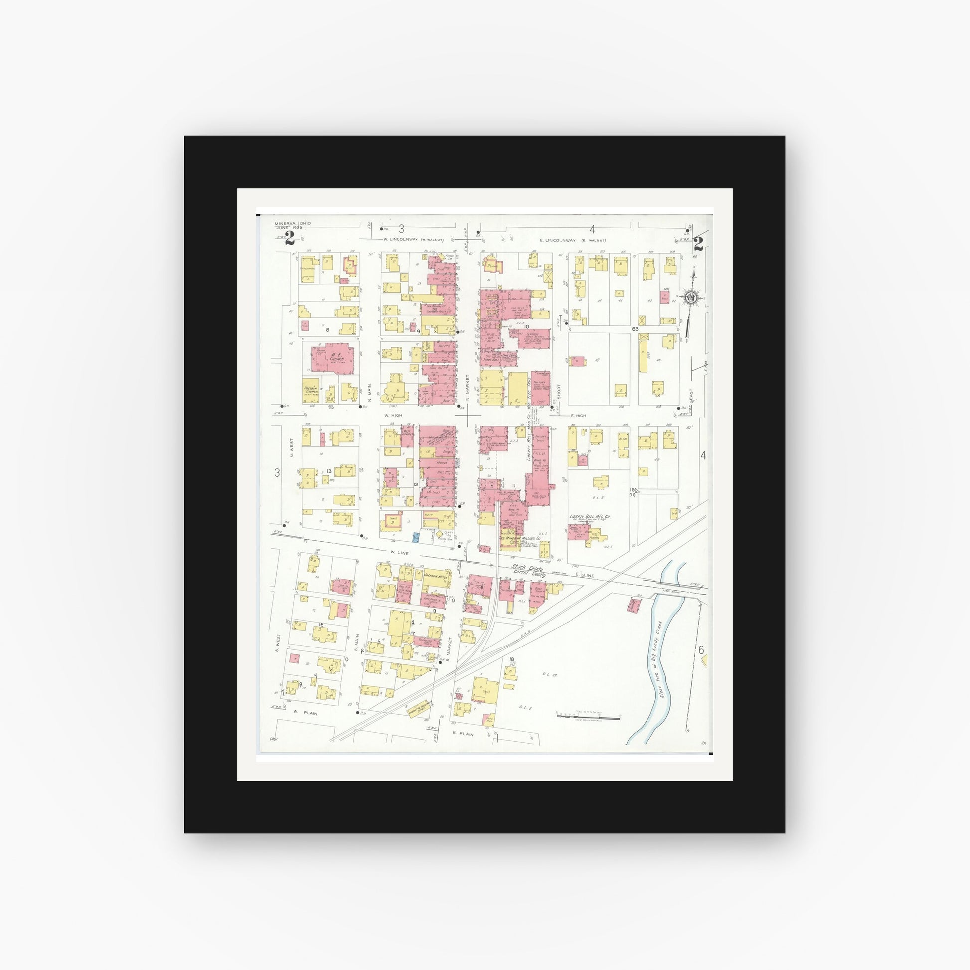 Old map wall art mockup — black gallery frame with white mat — Sanborn Fire Insurance Map from Minerva, Stark And Carroll Counties, Ohio (1933), Sheet #0002