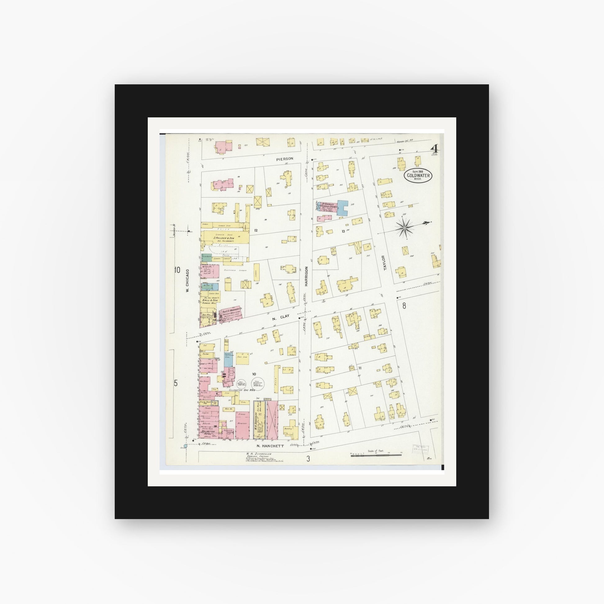 Old map wall art mockup — black gallery frame with white mat — Sanborn Fire Insurance Map from Coldwater, Branch County, Michigan (1908), Sheet #0004
