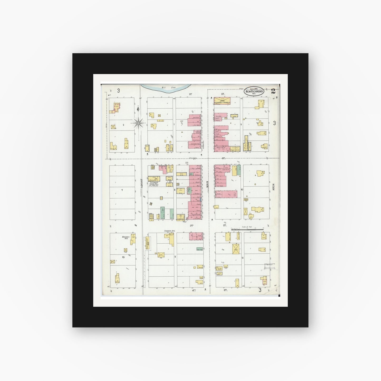Old map wall art mockup — black gallery frame with white mat — Sanborn Fire Insurance Map from New Richmond, St. Croix County, Wisconsin (1900), Sheet #0002