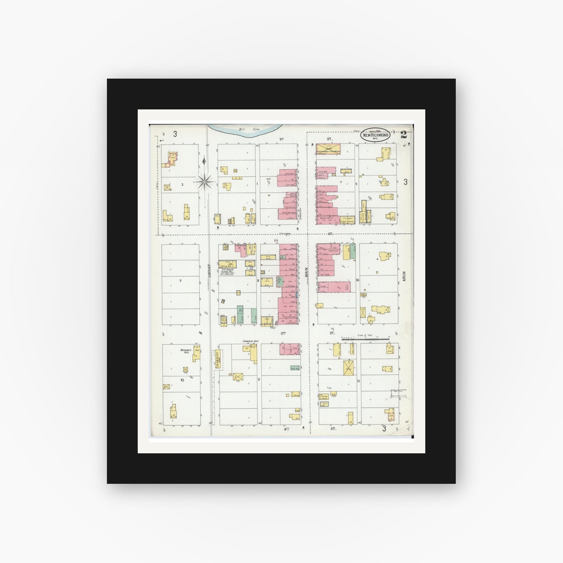 Old map wall art mockup — black gallery frame with white mat — Sanborn Fire Insurance Map from New Richmond, St. Croix County, Wisconsin (1900), Sheet #0002