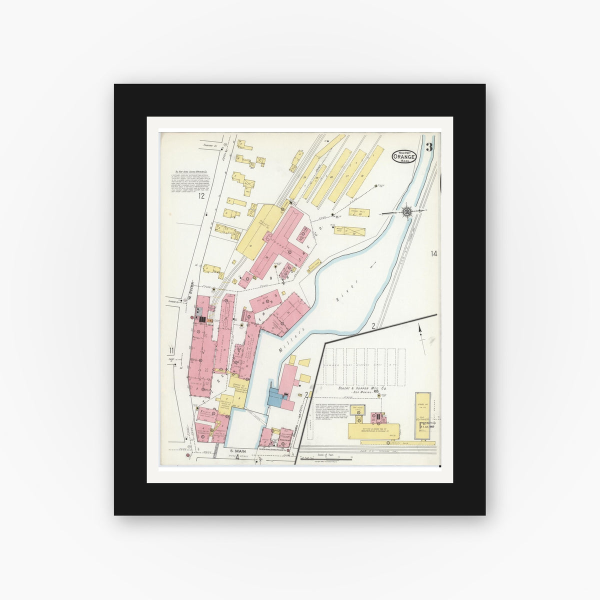 Old map wall art mockup — black gallery frame with white mat — Sanborn Fire Insurance Map from Orange, Franklin County, Massachusetts (1917), Sheet #0003