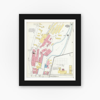 Old map wall art mockup — black gallery frame with white mat — Sanborn Fire Insurance Map from Orange, Franklin County, Massachusetts (1917), Sheet #0003