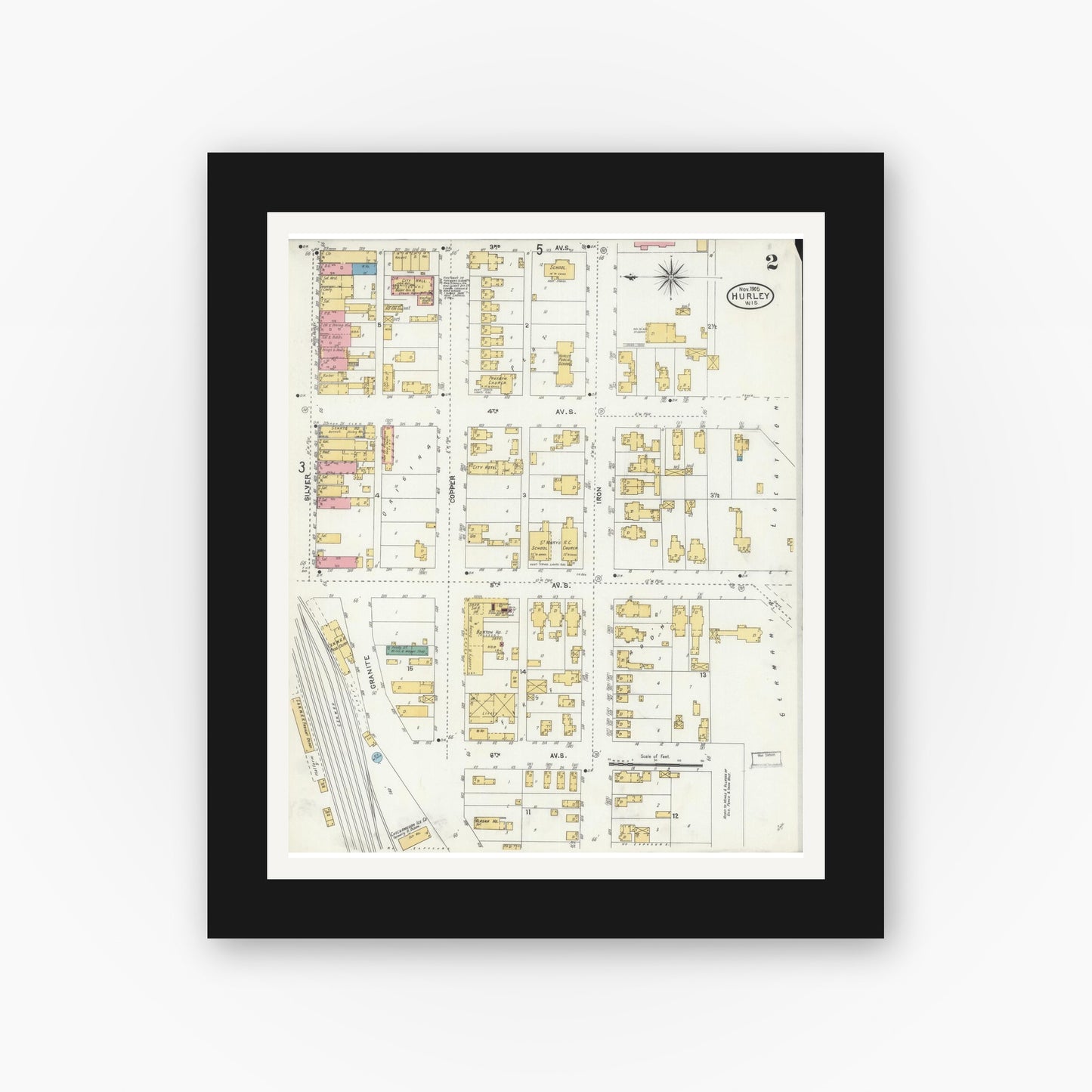 Old map wall art mockup — black gallery frame with white mat — Sanborn Fire Insurance Map from Hurley, Iron County, Wisconsin (1905), Sheet #0002