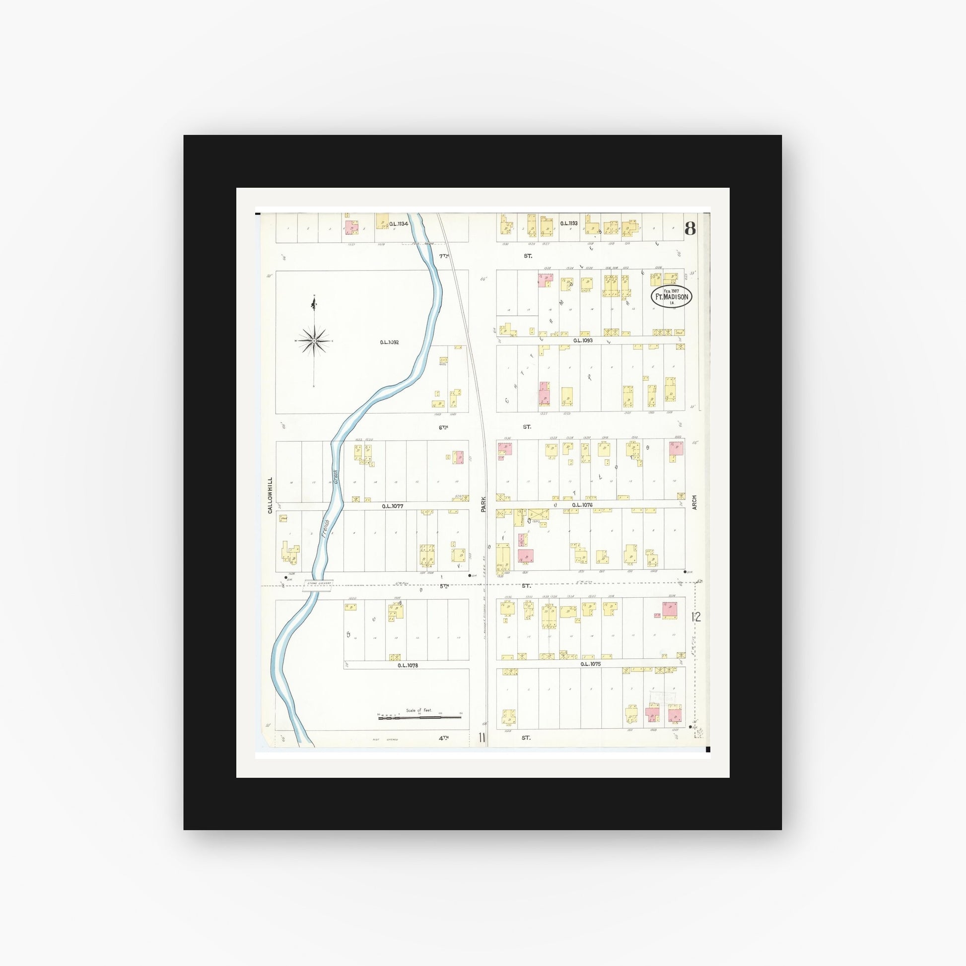 Old map wall art mockup — black gallery frame with white mat — Sanborn Fire Insurance Map from Fort Madison, Lee County, Iowa (1907), Sheet #0008