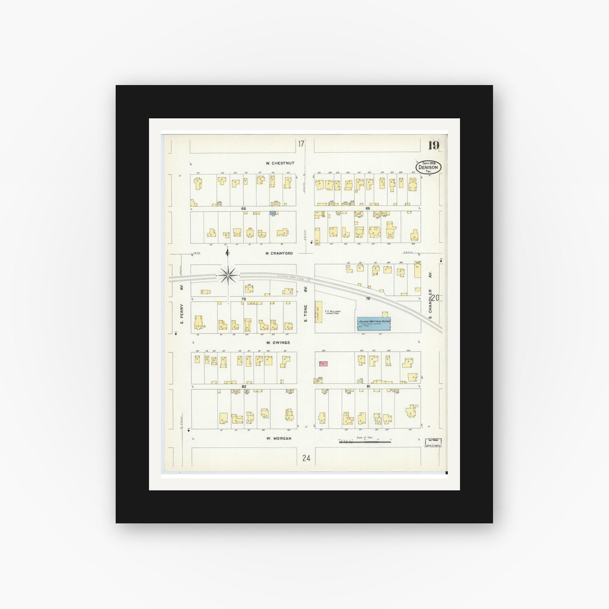 Old map wall art mockup — black gallery frame with white mat — Sanborn Fire Insurance Map from Denison, Grayson County, Texas (1908), Sheet #0019