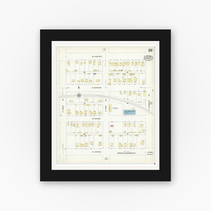 Old map wall art mockup — black gallery frame with white mat — Sanborn Fire Insurance Map from Denison, Grayson County, Texas (1908), Sheet #0019