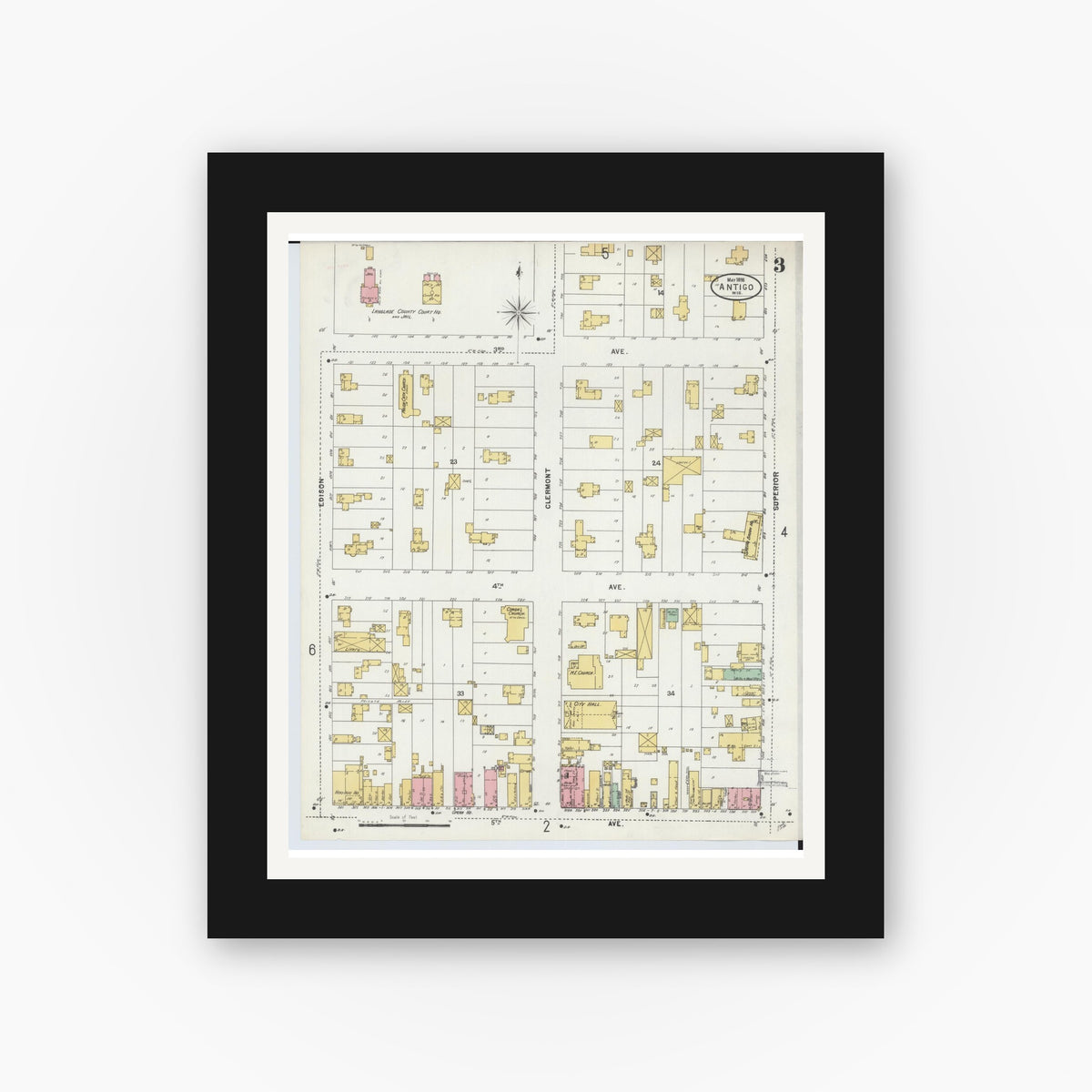 Old map wall art mockup — black gallery frame with white mat — Sanborn Fire Insurance Map from Antigo, Langlade County, Wisconsin (1898), Sheet #0003