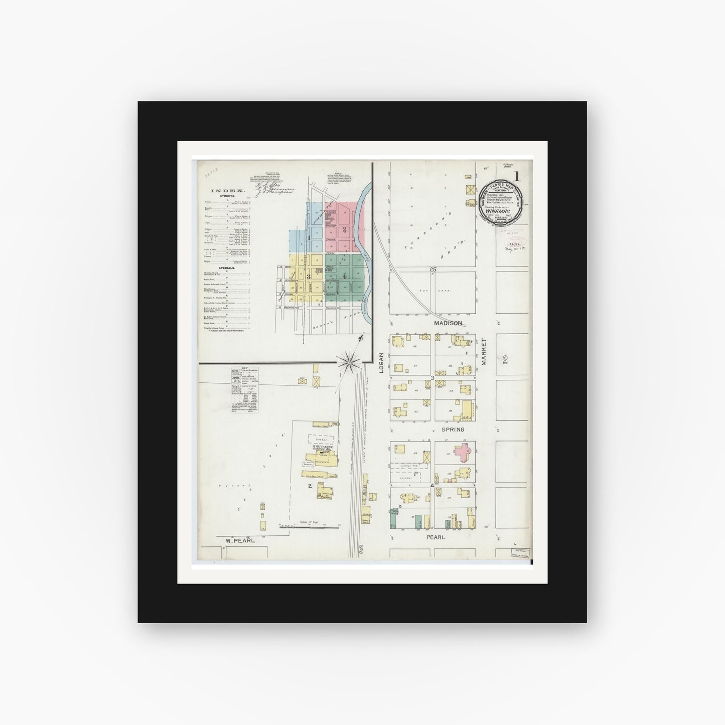 Old map wall art mockup — black gallery frame with white mat — Sanborn Fire Insurance Map from Winamac, Pulaski County, Indiana (1893) - Complete Map Set