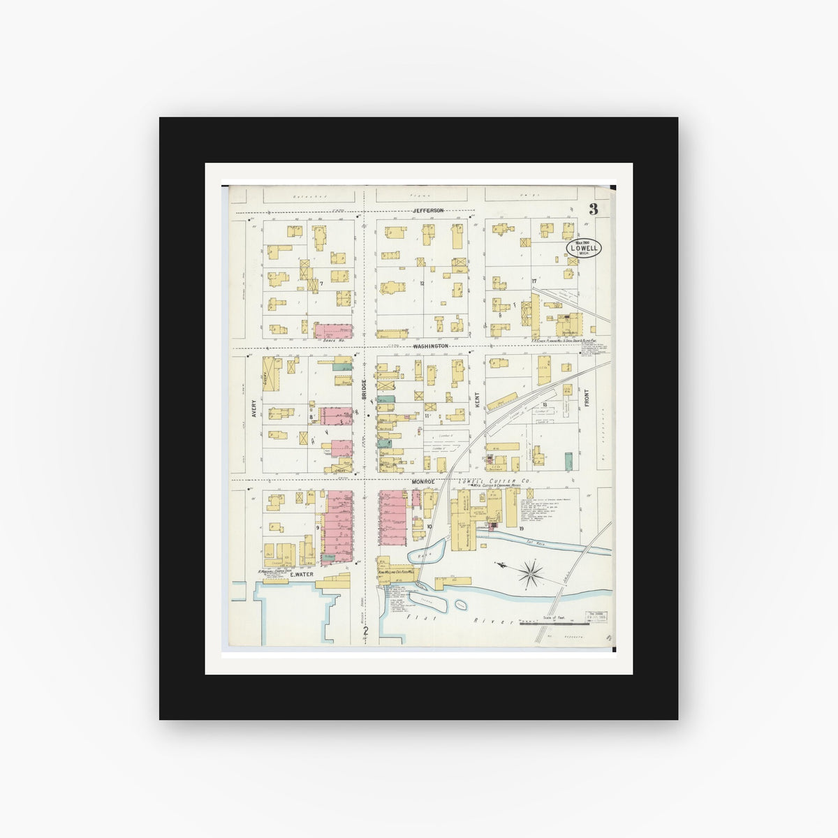 Old map wall art mockup — black gallery frame with white mat — Sanborn Fire Insurance Map from Lowell, Kent County, Michigan (1900), Sheet #0003