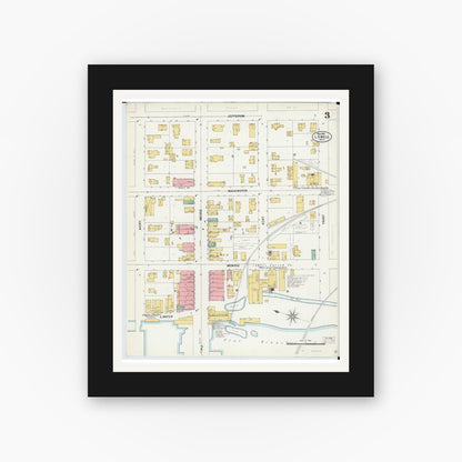 Old map wall art mockup — black gallery frame with white mat — Sanborn Fire Insurance Map from Lowell, Kent County, Michigan (1900), Sheet #0003