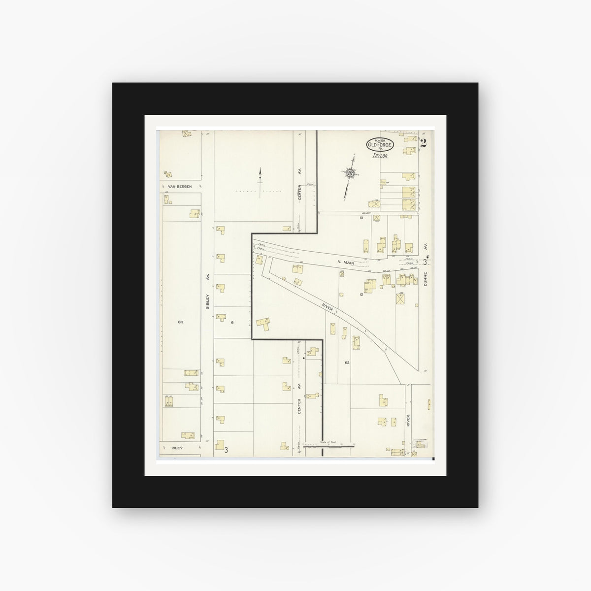 Old map wall art mockup — black gallery frame with white mat — Sanborn Fire Insurance Map from Old Forge, Lackawanna County, Pennsylvania (1914), Sheet #0002