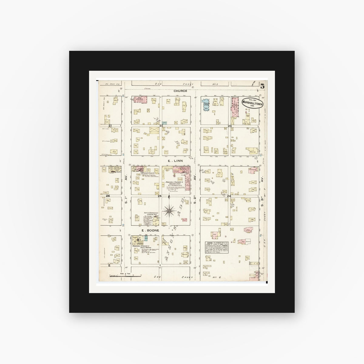 Old map wall art mockup — black gallery frame with white mat — Sanborn Fire Insurance Map from Marshalltown, Marshall County, Iowa (1884), Sheet #0005