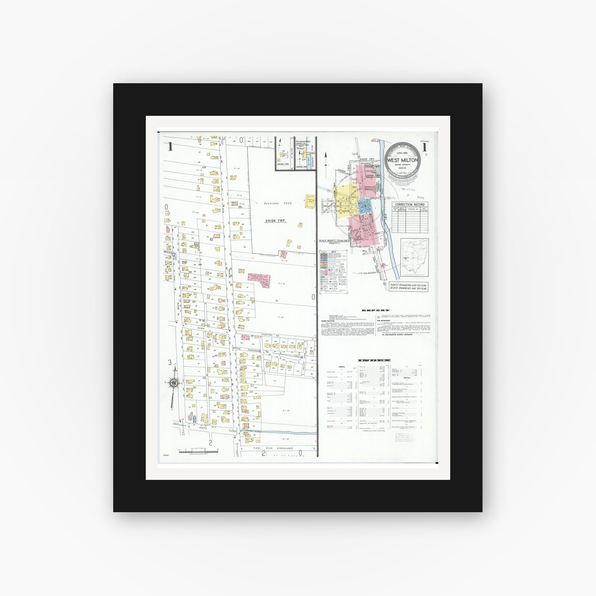Old map wall art mockup — black gallery frame with white mat — Sanborn Fire Insurance Map from West Milton, Miami County, Ohio (1951) - Complete Map Set