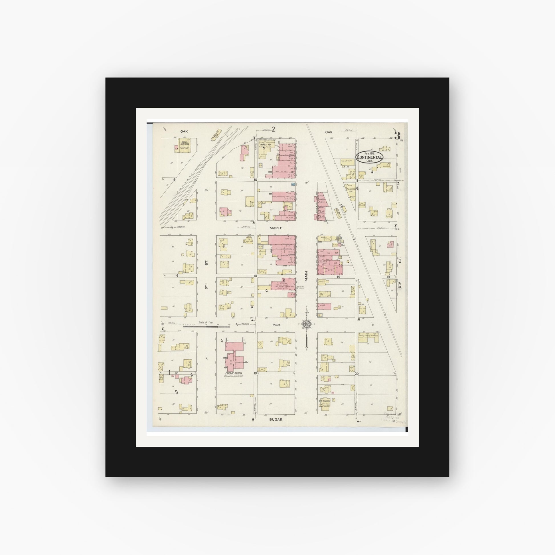 Old map wall art mockup — black gallery frame with white mat — Sanborn Fire Insurance Map from Continental, Putnam County, Ohio (1915), Sheet #0003