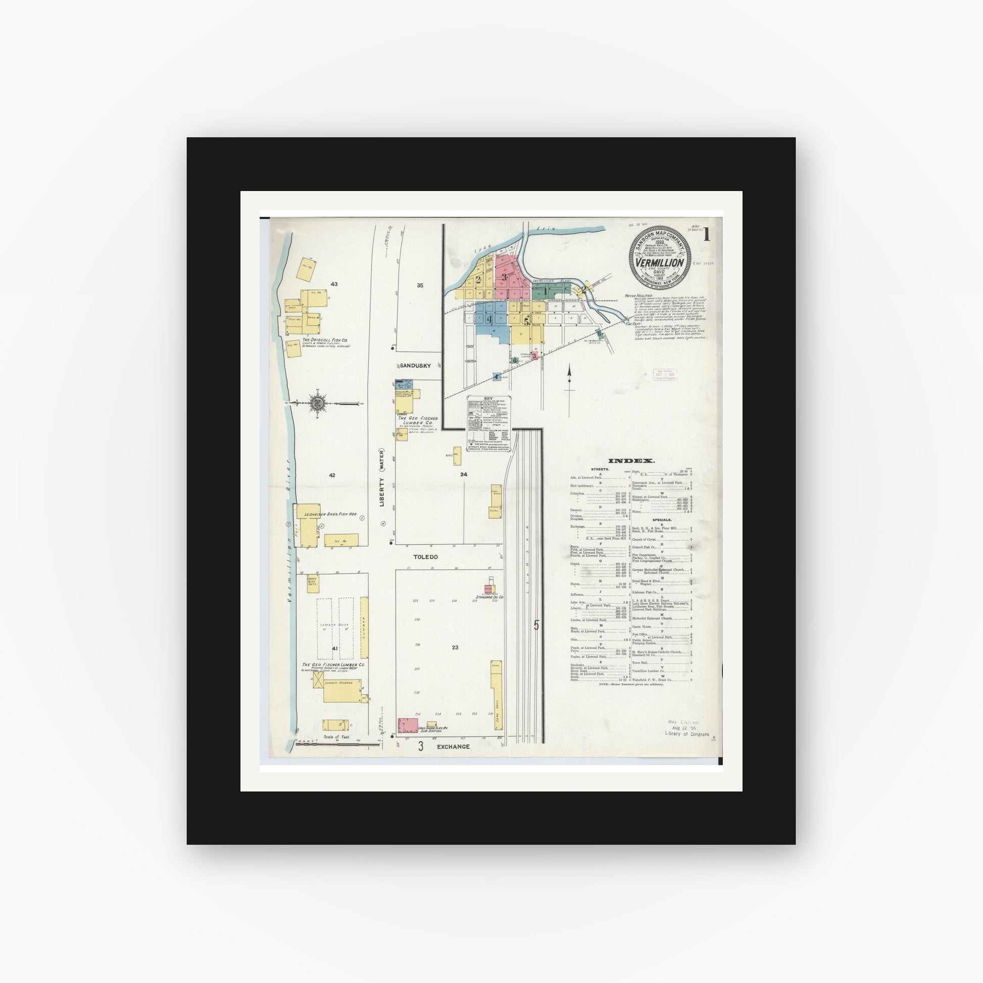 Old map wall art mockup — black gallery frame with white mat — Sanborn Fire Insurance Map from Vermillion, Erie County, Ohio (1911), Sheet #0001