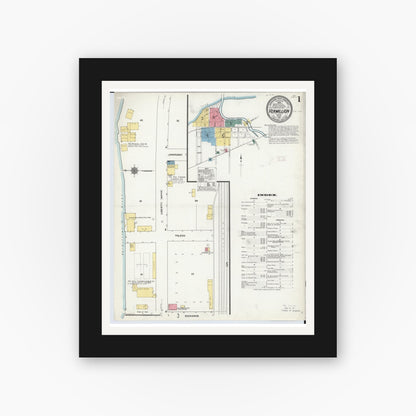 Old map wall art mockup — black gallery frame with white mat — Sanborn Fire Insurance Map from Vermillion, Erie County, Ohio (1911), Sheet #0001