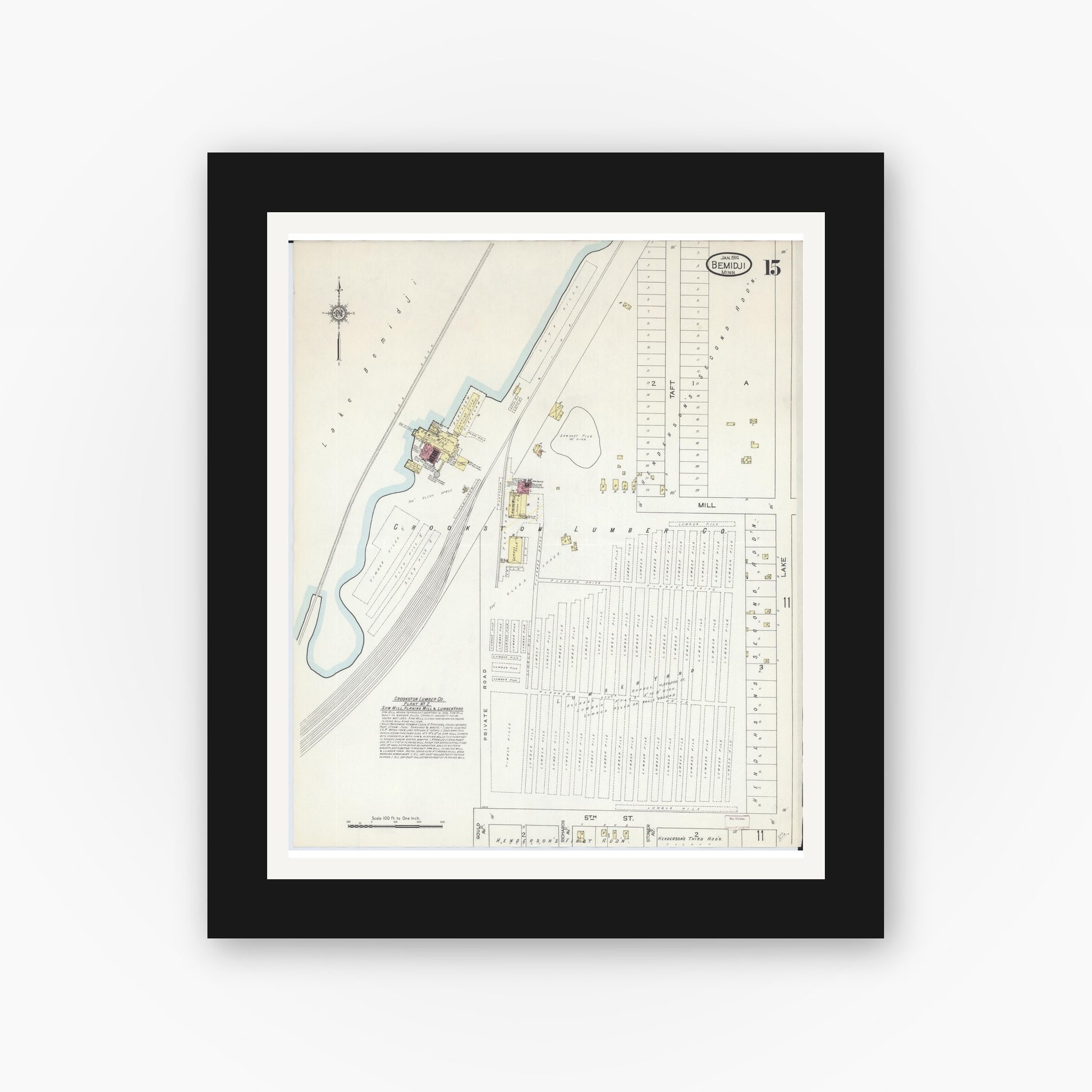 Old map wall art mockup — black gallery frame with white mat — Sanborn Fire Insurance Map from Bemidji, Beltrami County, Minnesota (1914), Sheet #0015