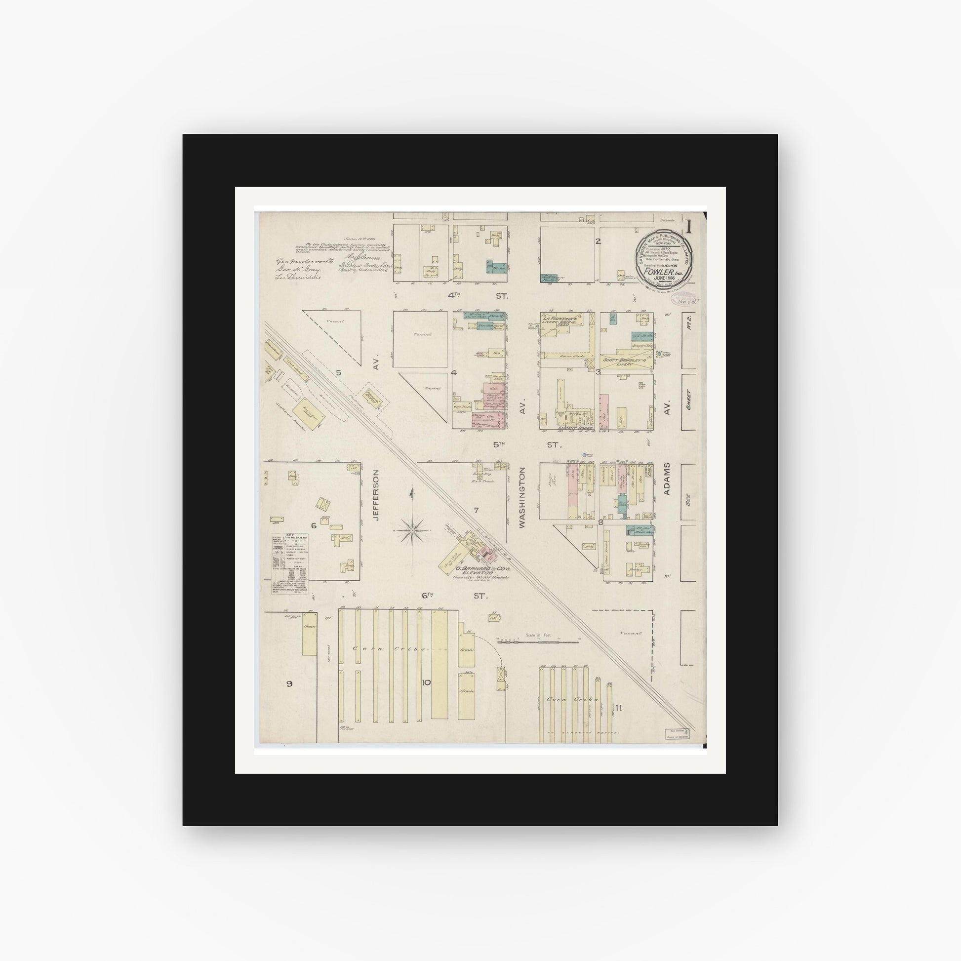 Old map wall art mockup — black gallery frame with white mat — Sanborn Fire Insurance Map from Fowler, Benton County, Indiana (1886) - Complete Map Set