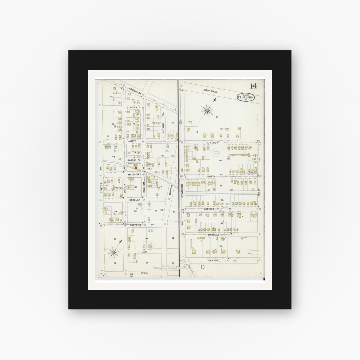 Old map wall art mockup — black gallery frame with white mat — Sanborn Fire Insurance Map from Flushing, Queens County, New York (1897), Sheet #0014