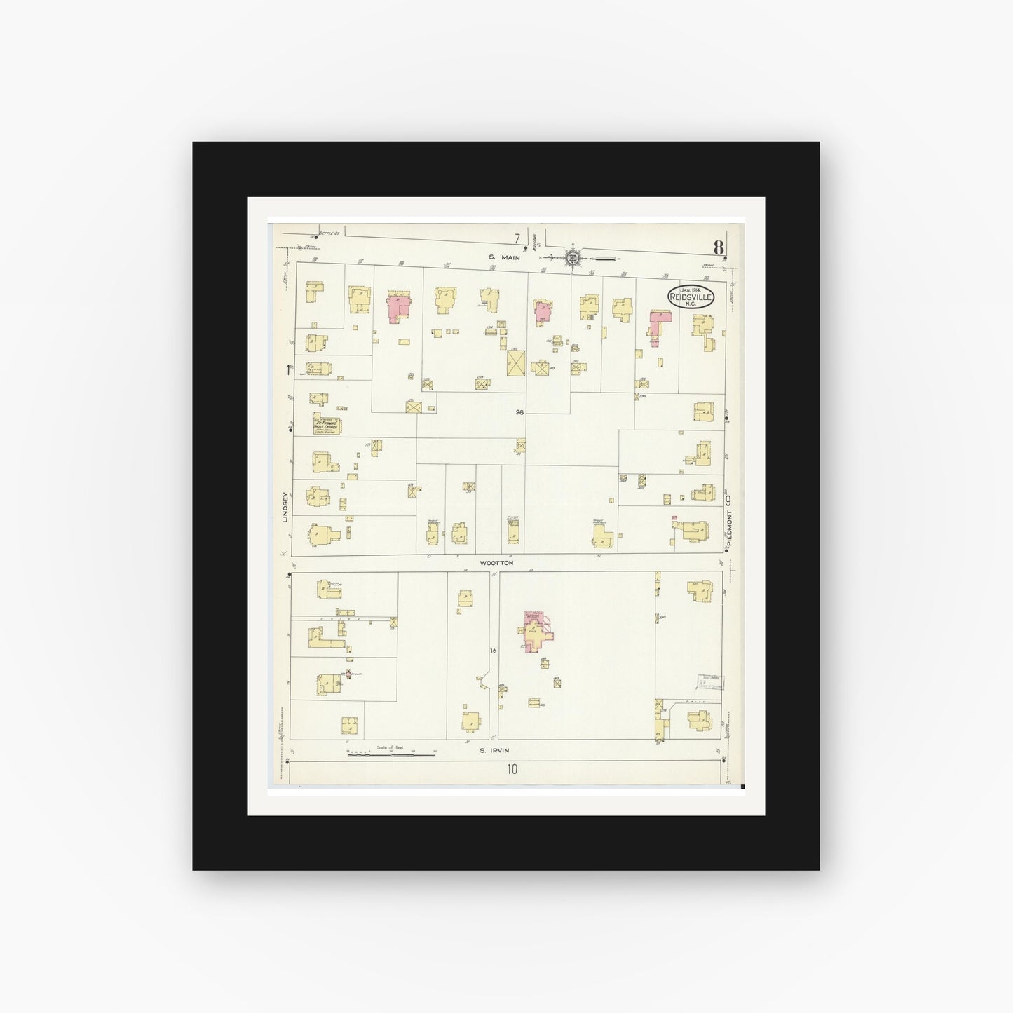 Old map wall art mockup — black gallery frame with white mat — Sanborn Fire Insurance Map from Reidsville, Rockingham County, North Carolina (1914), Sheet #0008