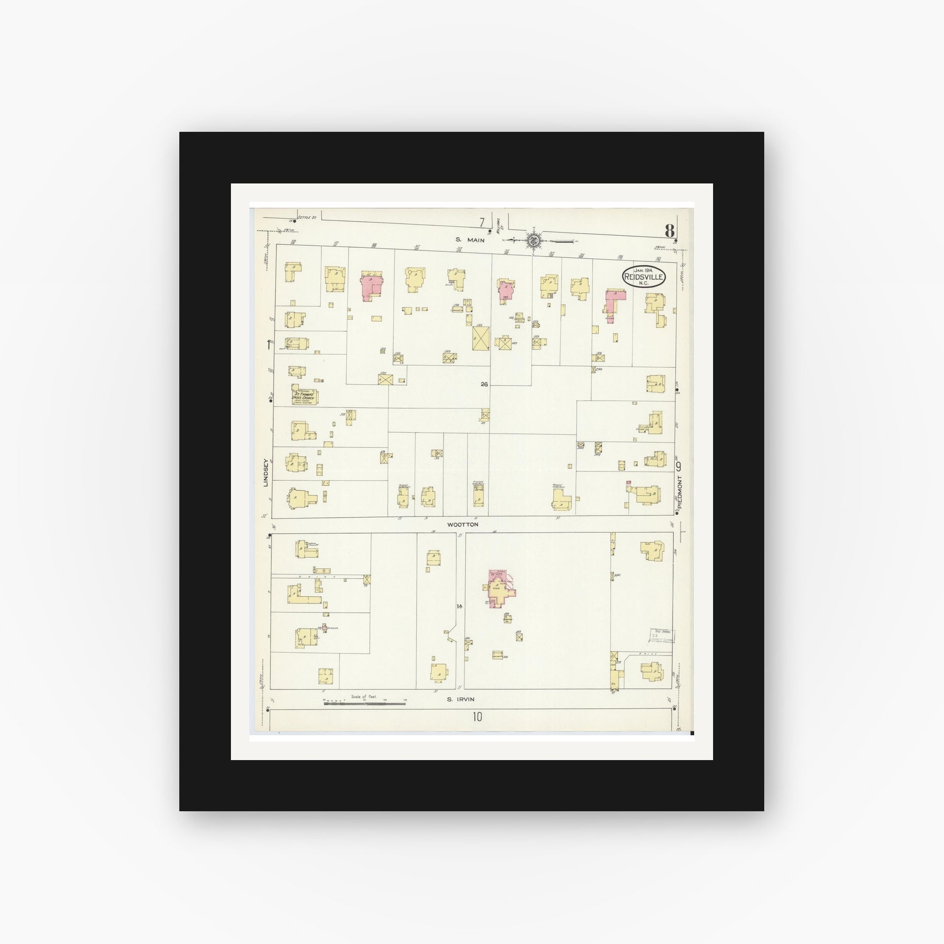 Old map wall art mockup — black gallery frame with white mat — Sanborn Fire Insurance Map from Reidsville, Rockingham County, North Carolina (1914), Sheet #0008