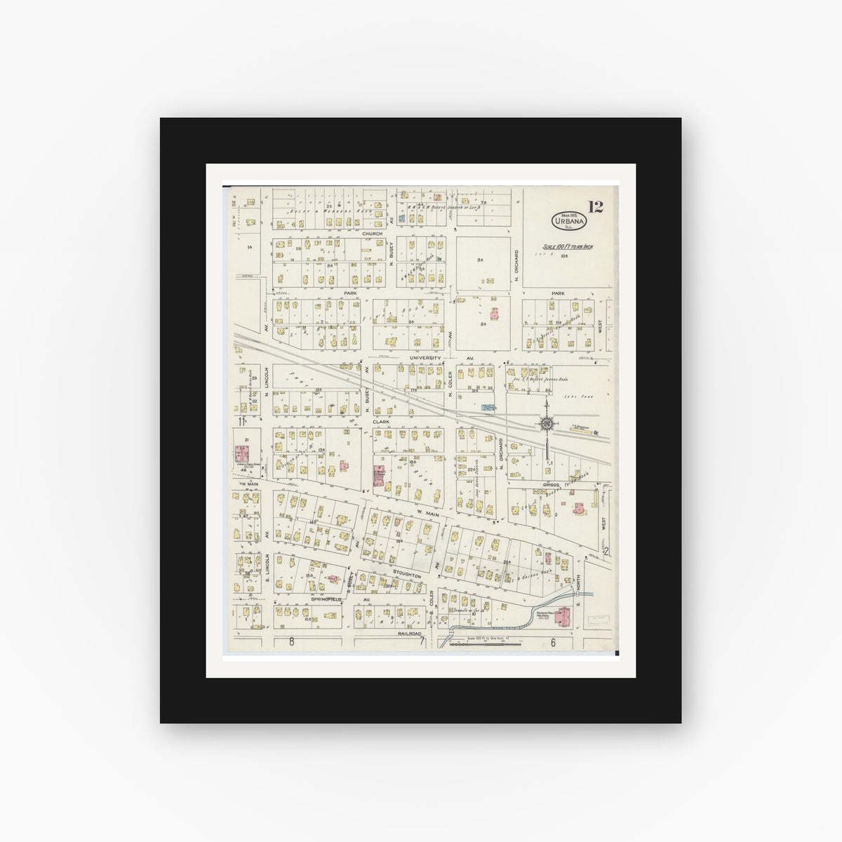 Old map wall art mockup — black gallery frame with white mat — Sanborn Fire Insurance Map from Urbana, Champaign County, Illinois (1915), Sheet #0012