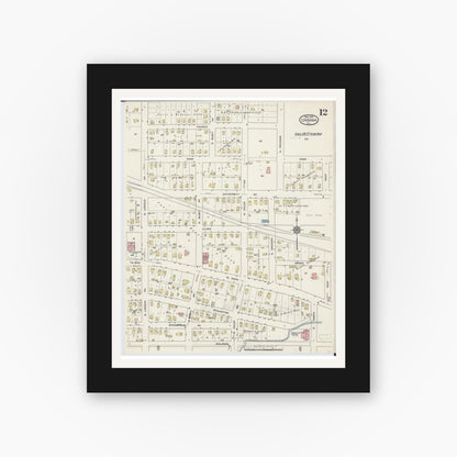 Old map wall art mockup — black gallery frame with white mat — Sanborn Fire Insurance Map from Urbana, Champaign County, Illinois (1915), Sheet #0012