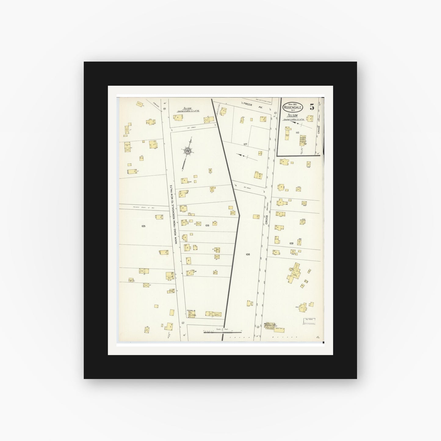 Old map wall art mockup — black gallery frame with white mat — Sanborn Fire Insurance Map from Rosendale, Ulster County, New York (1913), Sheet #0005