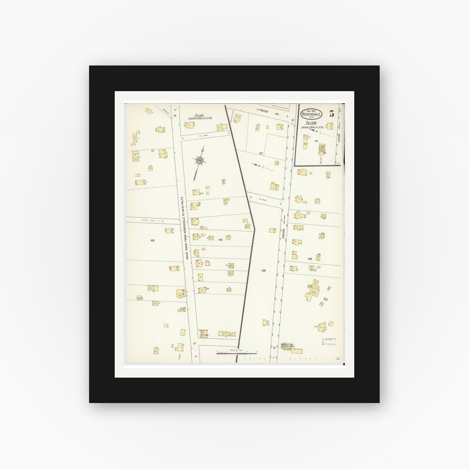 Old map wall art mockup — black gallery frame with white mat — Sanborn Fire Insurance Map from Rosendale, Ulster County, New York (1913), Sheet #0005