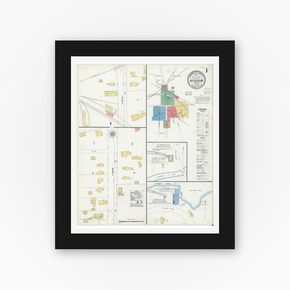 Old map wall art mockup — black gallery frame with white mat — Sanborn Fire Insurance Map from Pittsford, Monroe County, New York (1905) - Complete Map Set