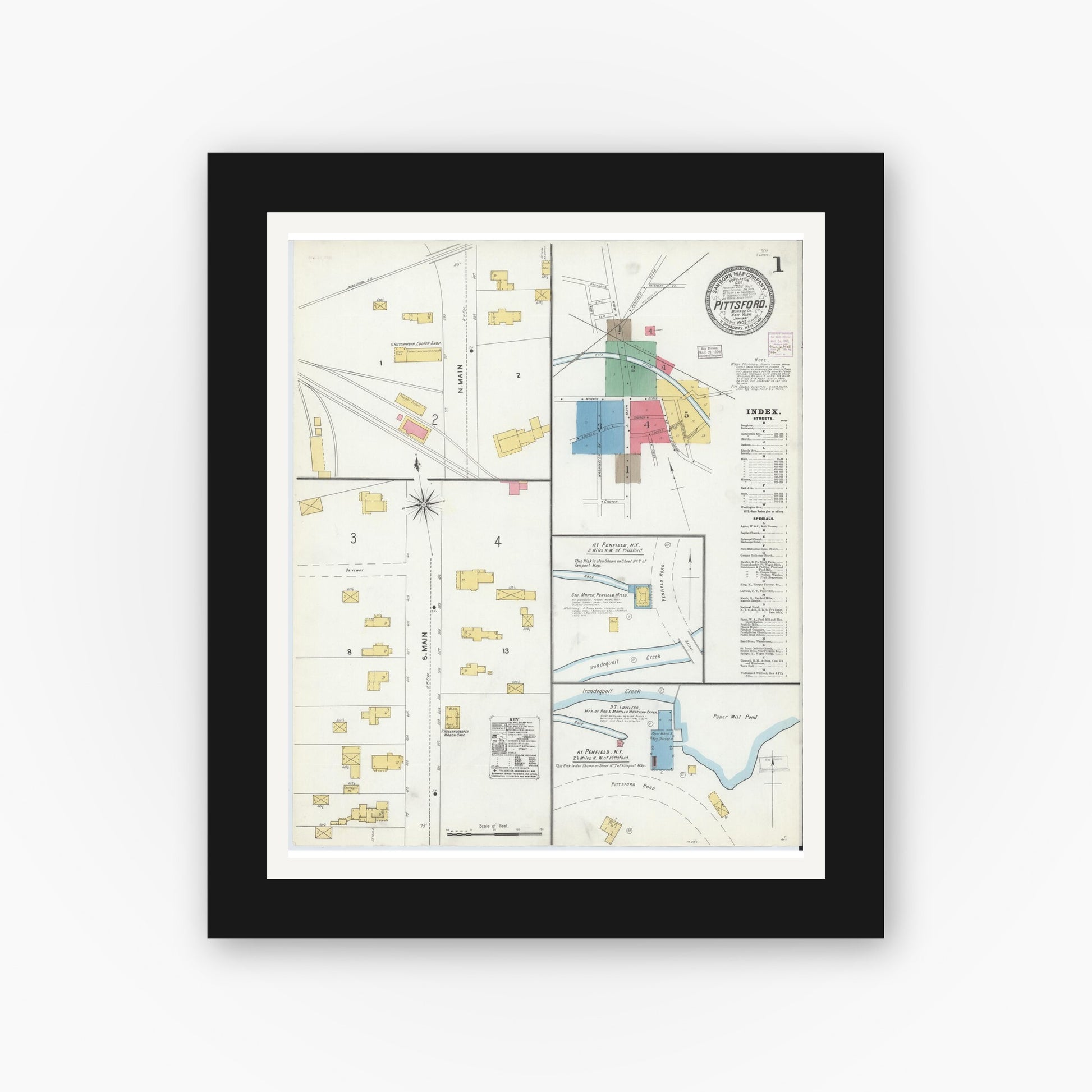 Old map wall art mockup — black gallery frame with white mat — Sanborn Fire Insurance Map from Pittsford, Monroe County, New York (1905) - Complete Map Set
