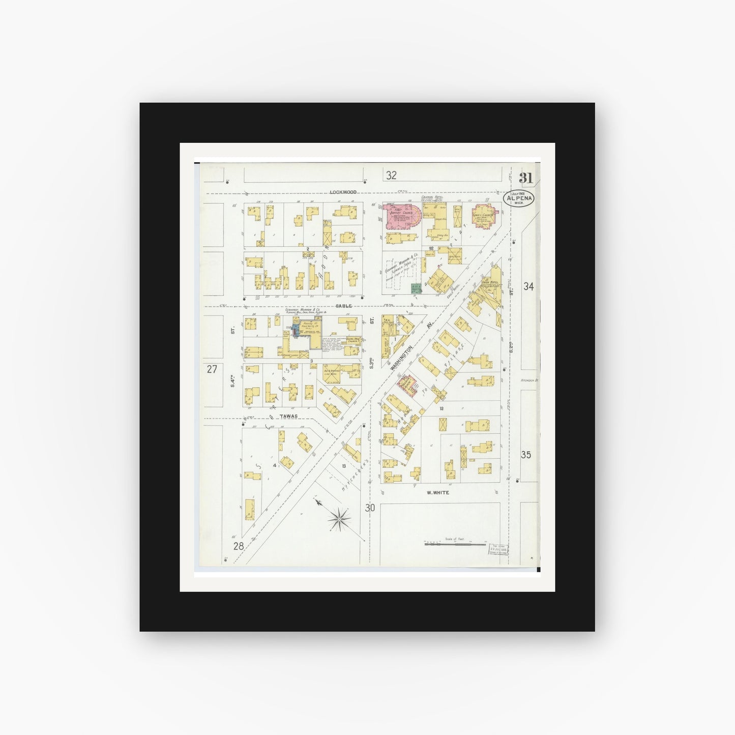 Old map wall art mockup — black gallery frame with white mat — Sanborn Fire Insurance Map from Alpena, Alpena County, Michigan (1901), Sheet #0031