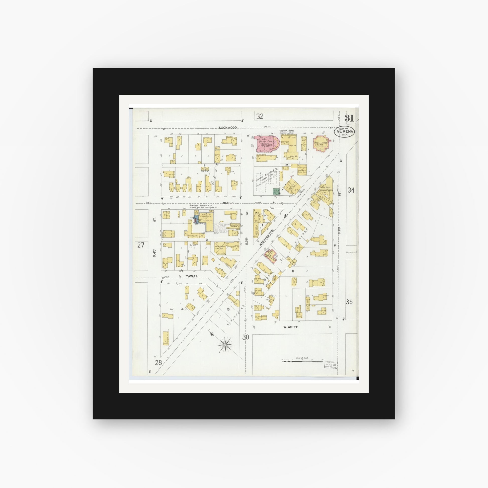 Old map wall art mockup — black gallery frame with white mat — Sanborn Fire Insurance Map from Alpena, Alpena County, Michigan (1901), Sheet #0031