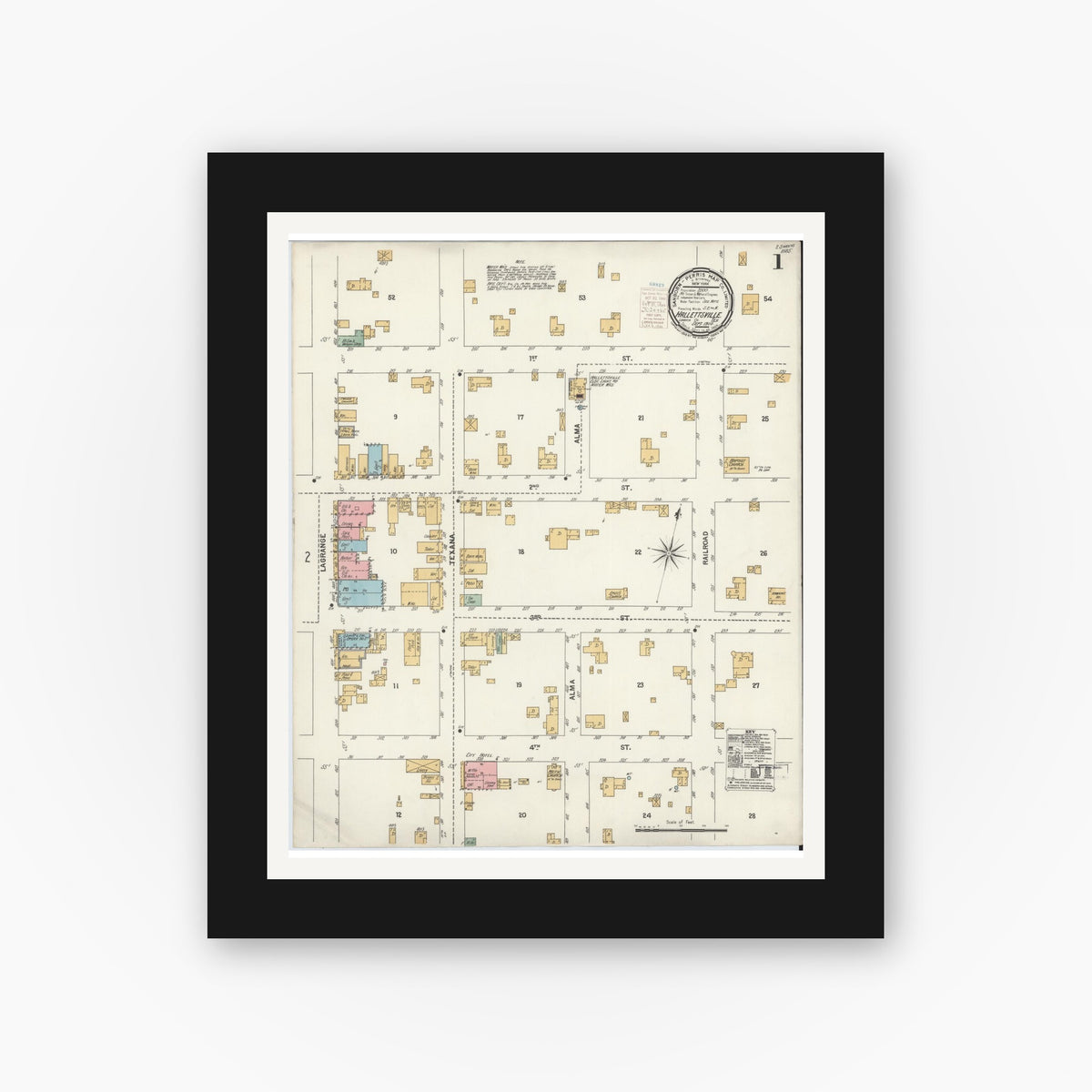 Old map wall art mockup — black gallery frame with white mat — Sanborn Fire Insurance Map from Hallettsville, Lavaca County, Texas (1900) - Complete Map Set