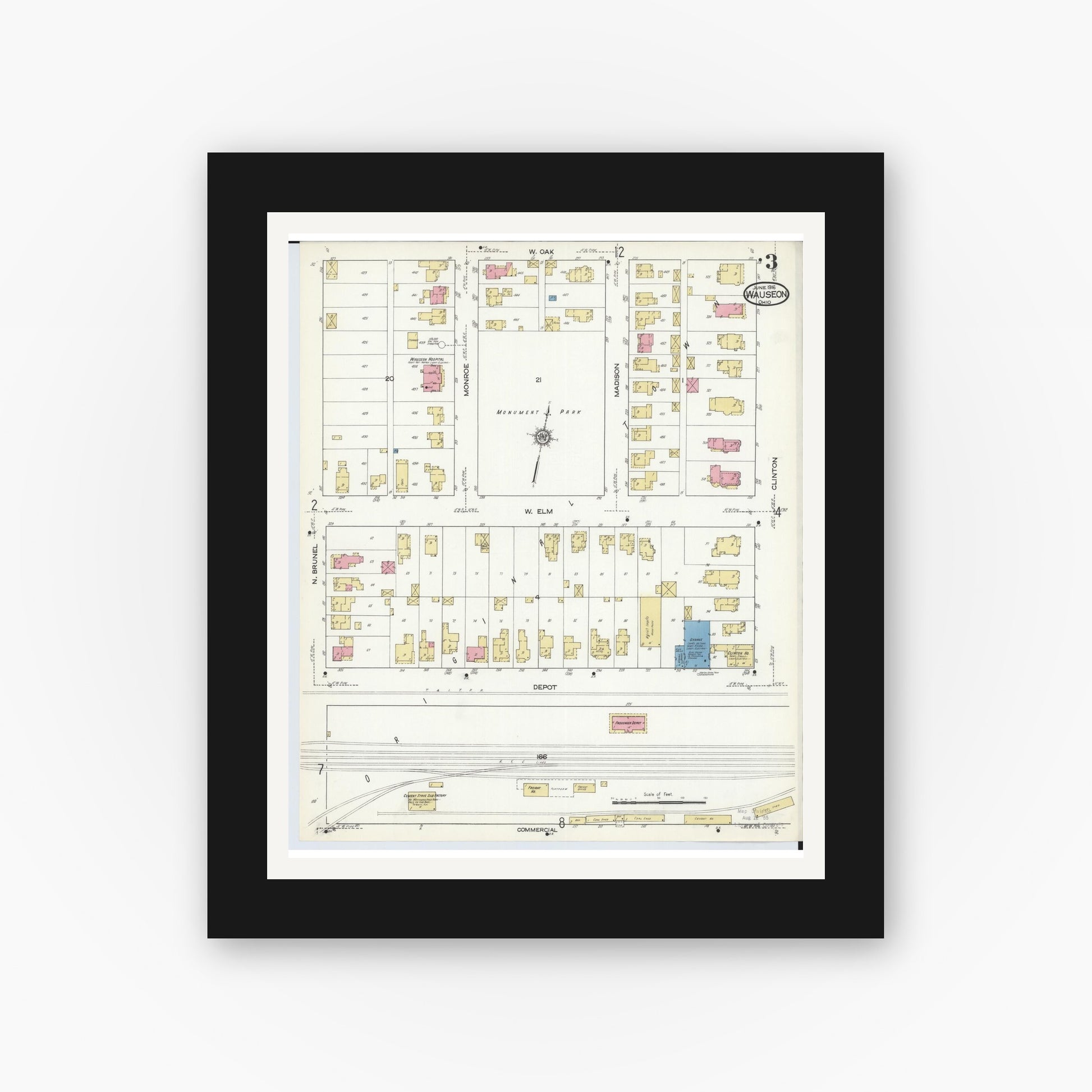 Old map wall art mockup — black gallery frame with white mat — Sanborn Fire Insurance Map from Wauseon, Fulton County, Ohio (1916), Sheet #0003