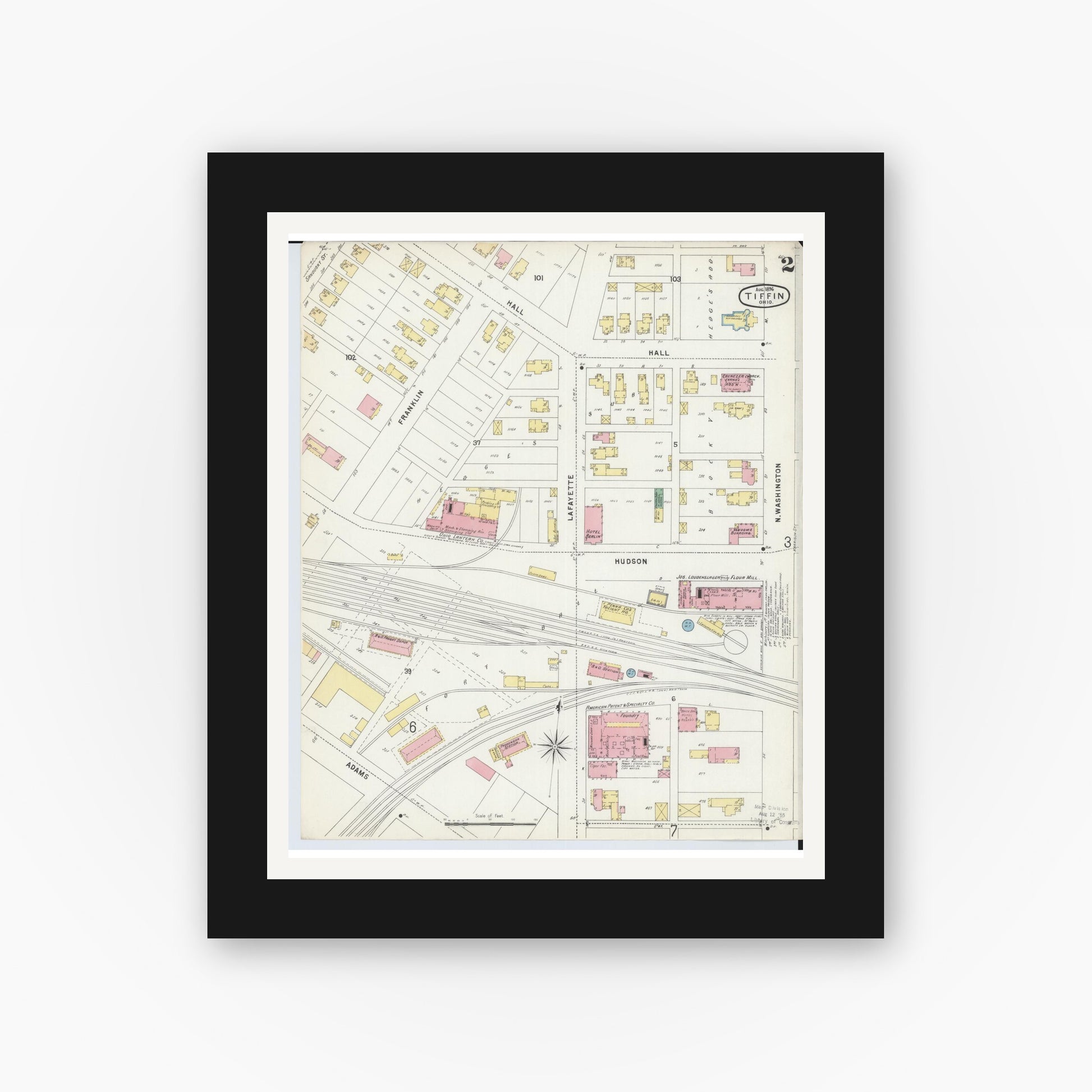 Old map wall art mockup — black gallery frame with white mat — Sanborn Fire Insurance Map from Tiffin, Seneca County, Ohio (1896), Sheet #0002