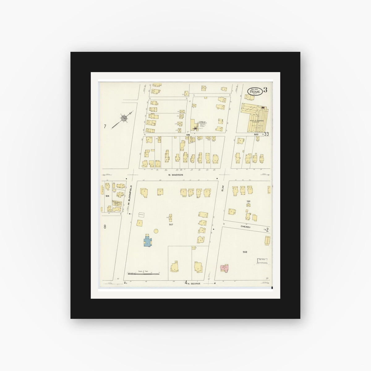 Old map wall art mockup — black gallery frame with white mat — Sanborn Fire Insurance Map from Rome, Oneida County, New York (1909), Sheet #0003